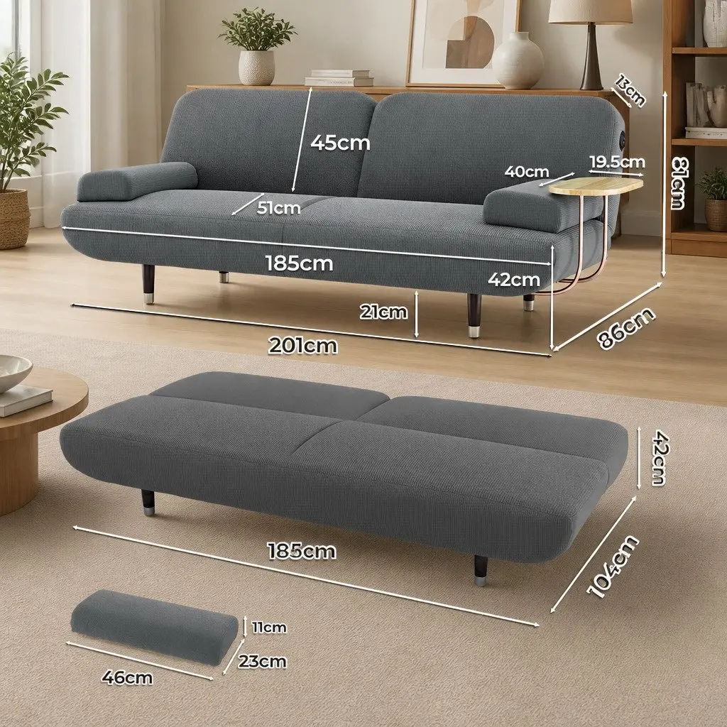 Convertible Sofa Bed Grey 3-Seater Adjustable Backrest USB Charging Side Table