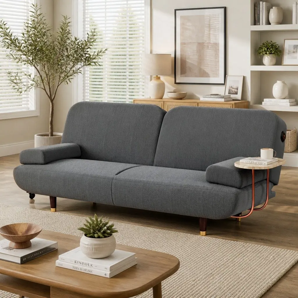 Convertible Sofa Bed Grey 3-Seater Adjustable Backrest USB Charging Side Table