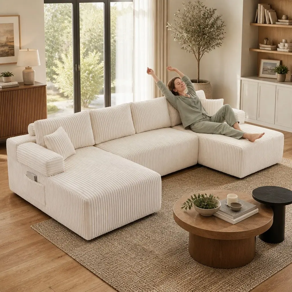 Modular Sofa Lounge U Shaped Sectional Cloud Couch with Cushions Beige Corduroy