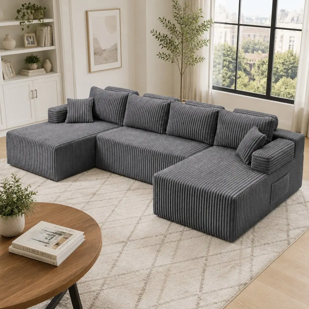 Modular U-Shaped Sofa in Grey Corduroy