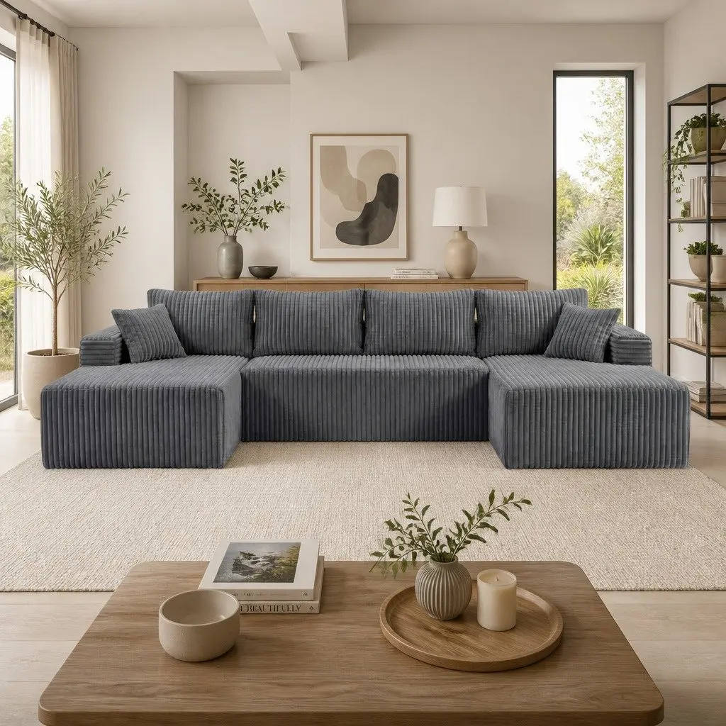 Modular U-Shaped Sofa in Grey Corduroy