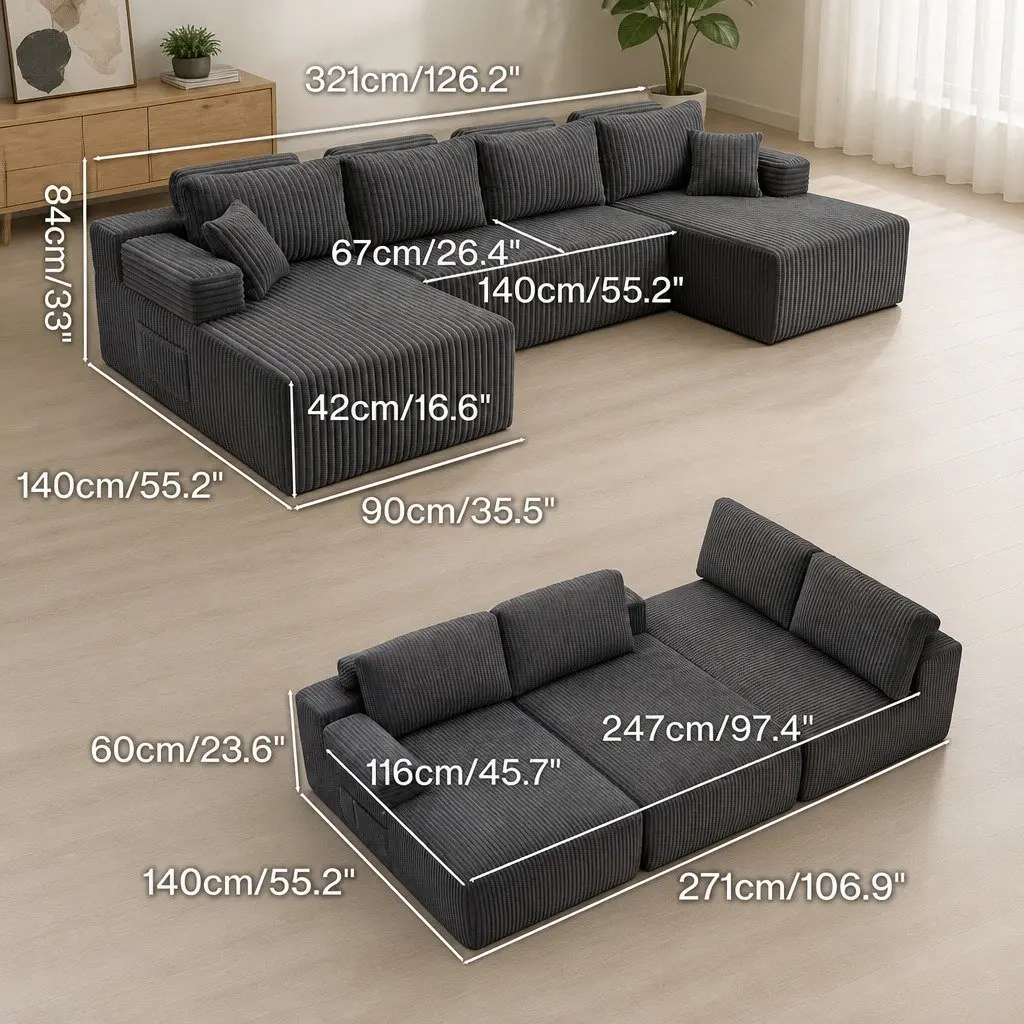 Modular U-Shaped Sofa in Grey Corduroy