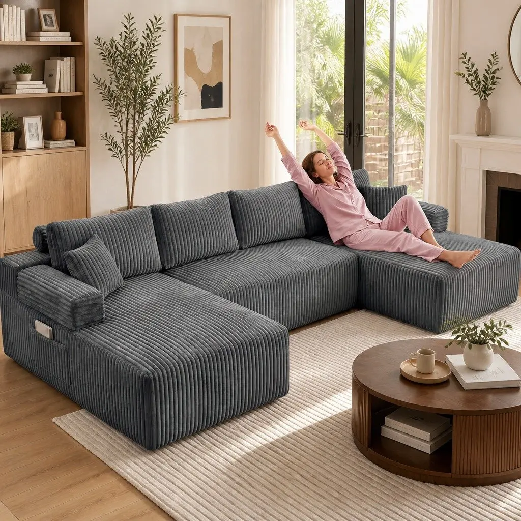 Modular U-Shaped Sofa in Grey Corduroy