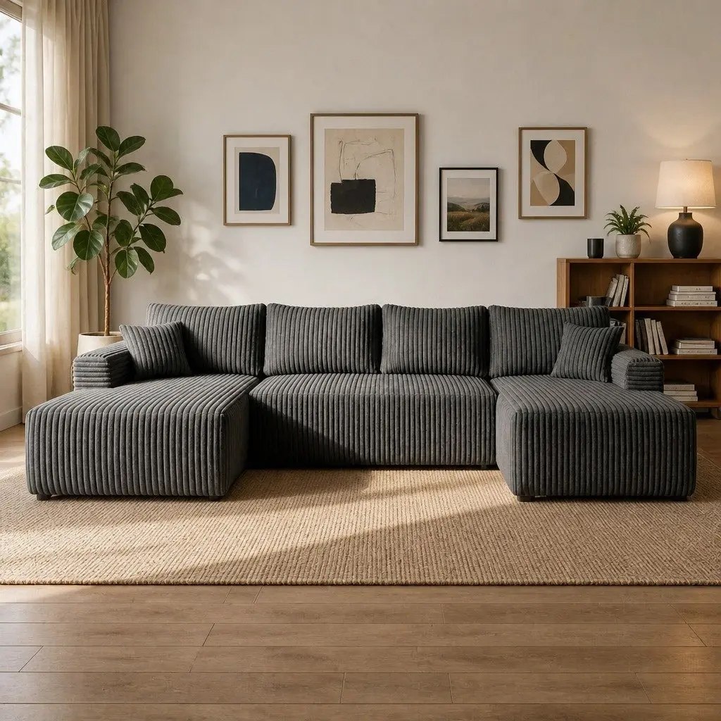 Modular U-Shaped Sofa in Grey Corduroy