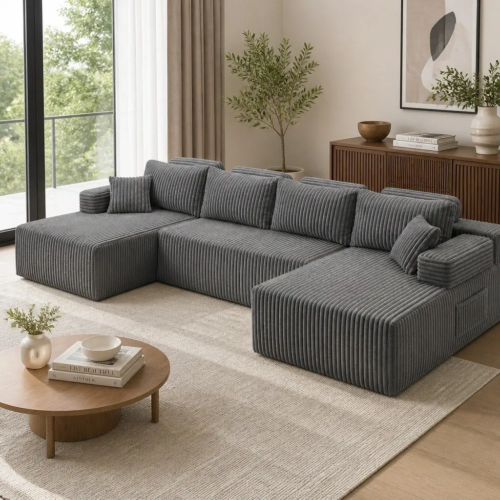 Modular U-Shaped Sofa in Grey Corduroy