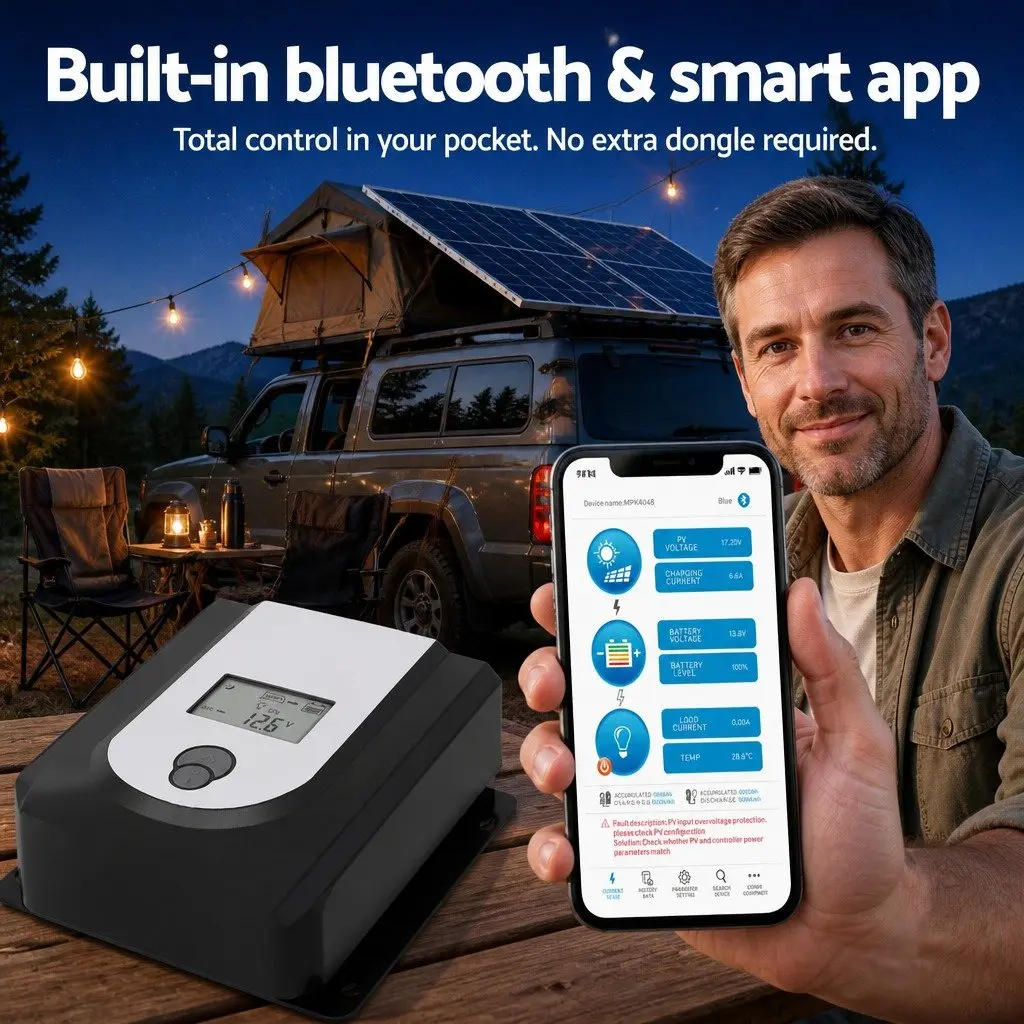 50A MPPT Solar Charge Controller Grey Automatic Voltage Detection Bluetooth Connectivity