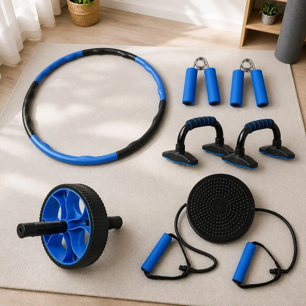 5-in-1 Exercise Roller Wheel Set Blue Black Ab Wheel Hula Hoop Push-Up Bars Hand Grippers
