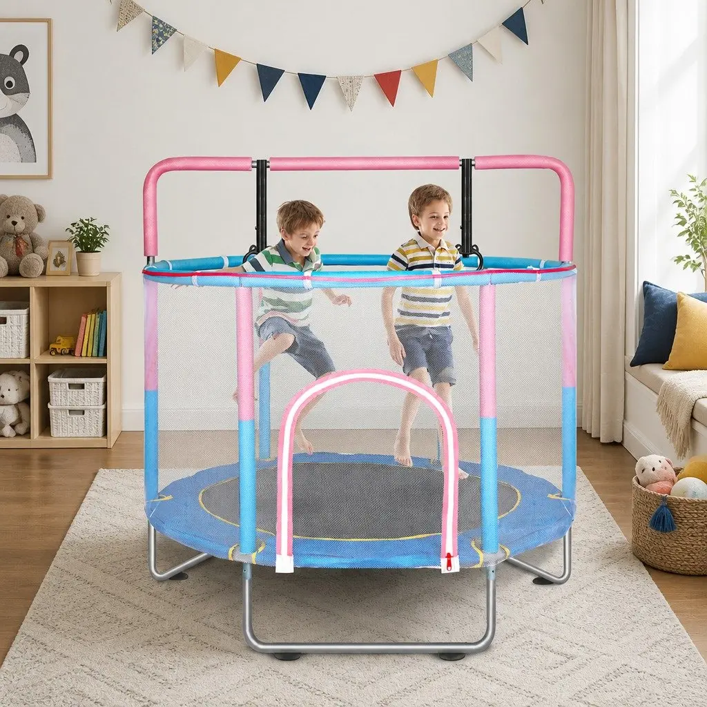 Kids Trampoline Pink 55 Inch Rebounder with Hanging Rings Indoor Outdoor Play Equipment