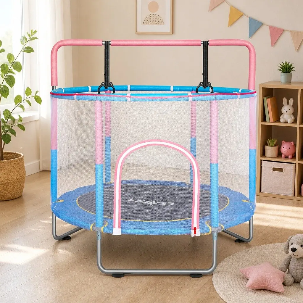 Kids Trampoline Pink 55 Inch Rebounder with Hanging Rings Indoor Outdoor Play Equipment