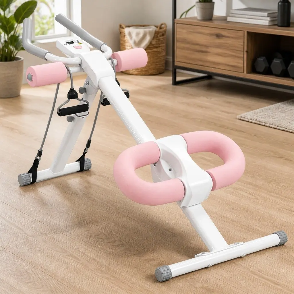 Ab Machine Pink and White Adjustable Foldable Core Trainer with 2 Incline Settings and 5 Height Adjustments for Home Gym Workouts