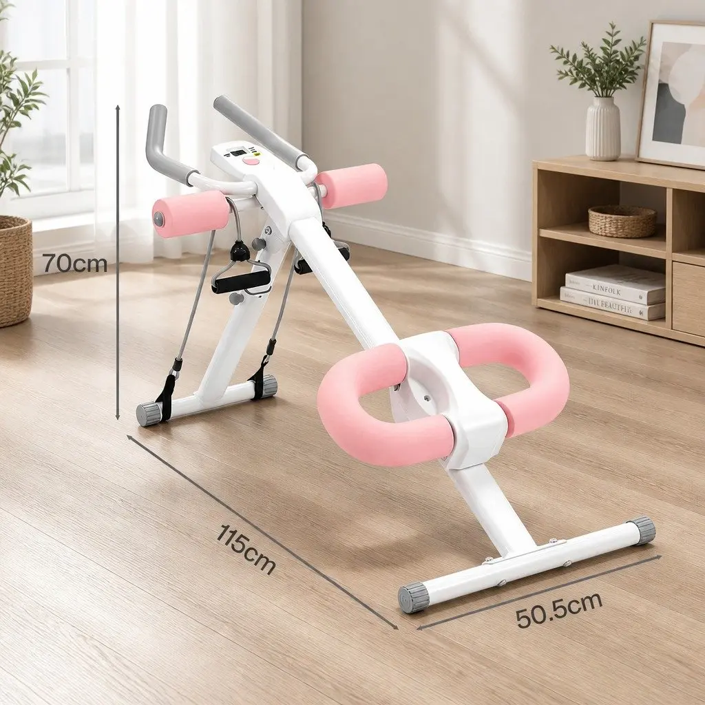 Ab Machine Pink and White Adjustable Foldable Core Trainer with 2 Incline Settings and 5 Height Adjustments for Home Gym Workouts