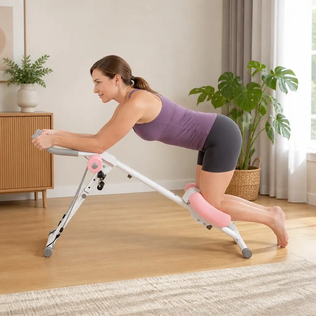 Ab Machine Pink and White Adjustable Foldable Core Trainer with 2 Incline Settings and 5 Height Adjustments for Home Gym Workouts