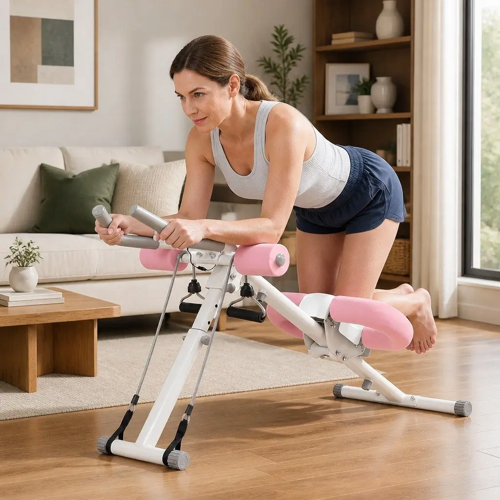 Ab Machine Pink and White Adjustable Foldable Core Trainer with 2 Incline Settings and 5 Height Adjustments for Home Gym Workouts