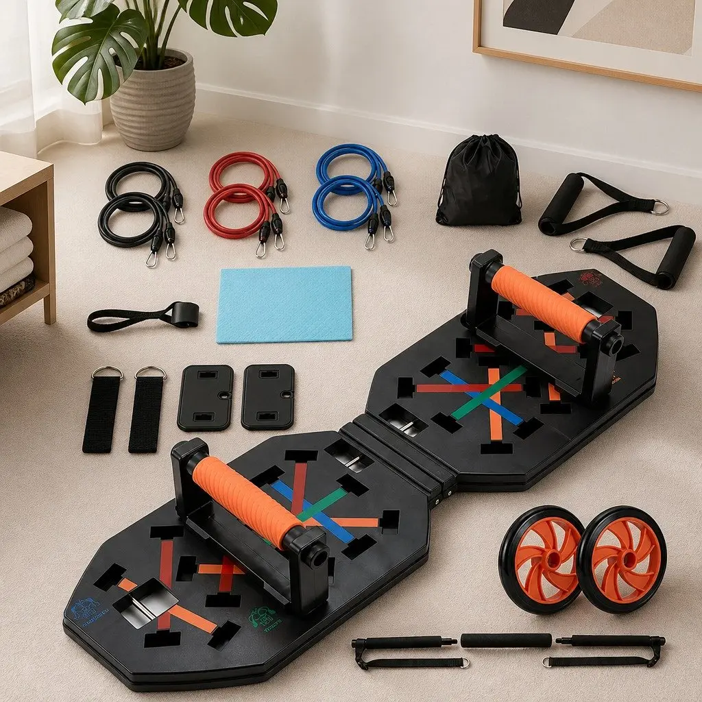 Push Up Board Black Multi-Grip Home Gym Fitness Set with Detachable Barbell Resistance Bands Ab Training Tools and Accessories