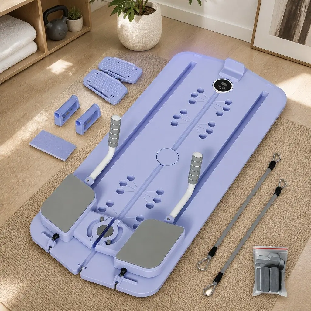 Pilates Board Purple 93cm Compact Multi-Function Core Trainer with Resistance Bands and Timer for Home Gym Exercise