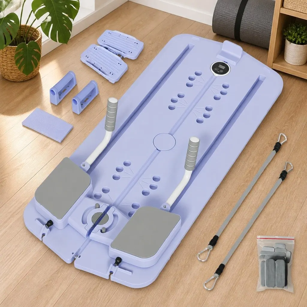 Pilates Board Purple 93cm Compact Multi-Function Core Trainer with Resistance Bands and Timer for Home Gym Exercise