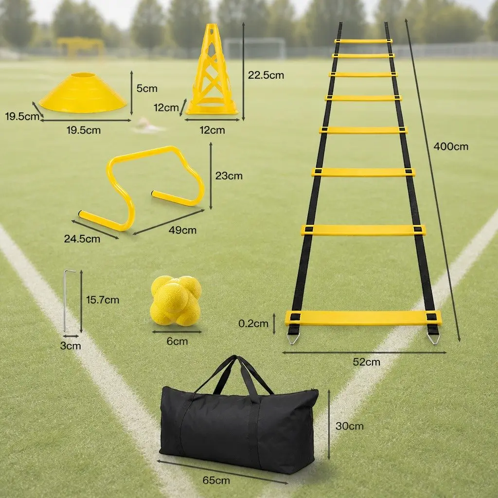 39 Piece Speed Agility Training Kit Yellow Adjustable Ladder Hurdles Cones Reaction Ball