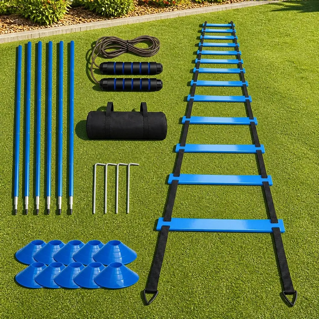 Agility Training Set Blue and Black 6 Piece Adjustable Ladder Poles Cones Jump Rope for Speed Coordination