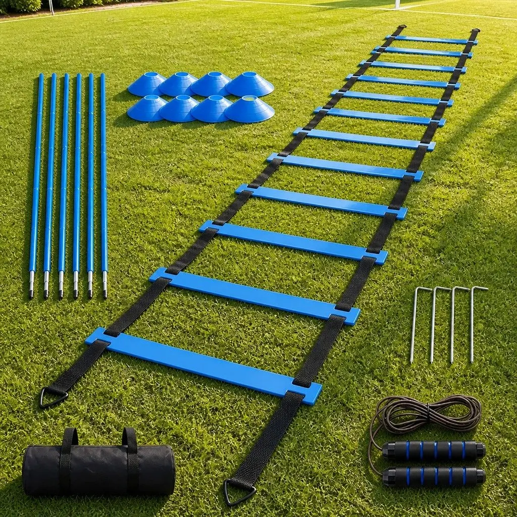 Agility Training Set Blue and Black 6 Piece Adjustable Ladder Poles Cones Jump Rope for Speed Coordination