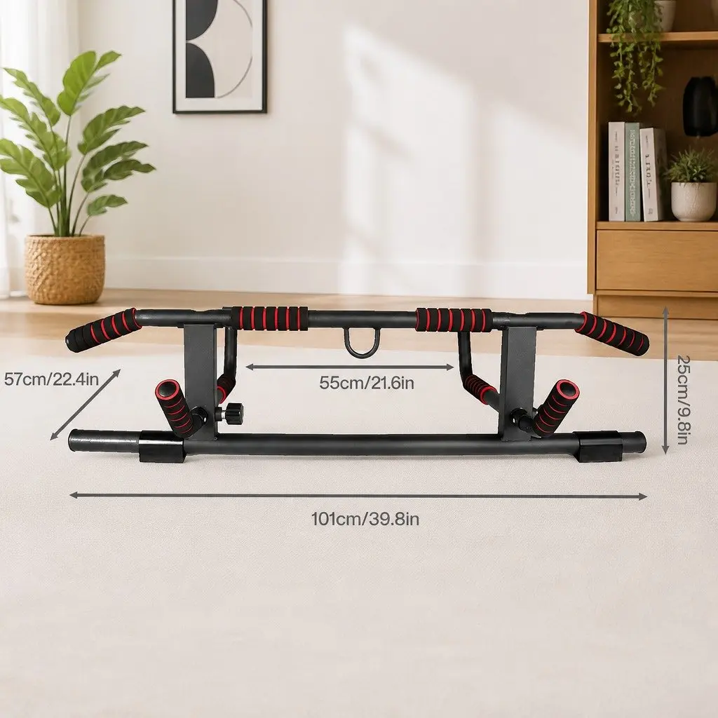 Pull Up Bar Black and Red Doorway Multi Grip Ergonomic Soft Foam Grips Portable Home Gym Fitness