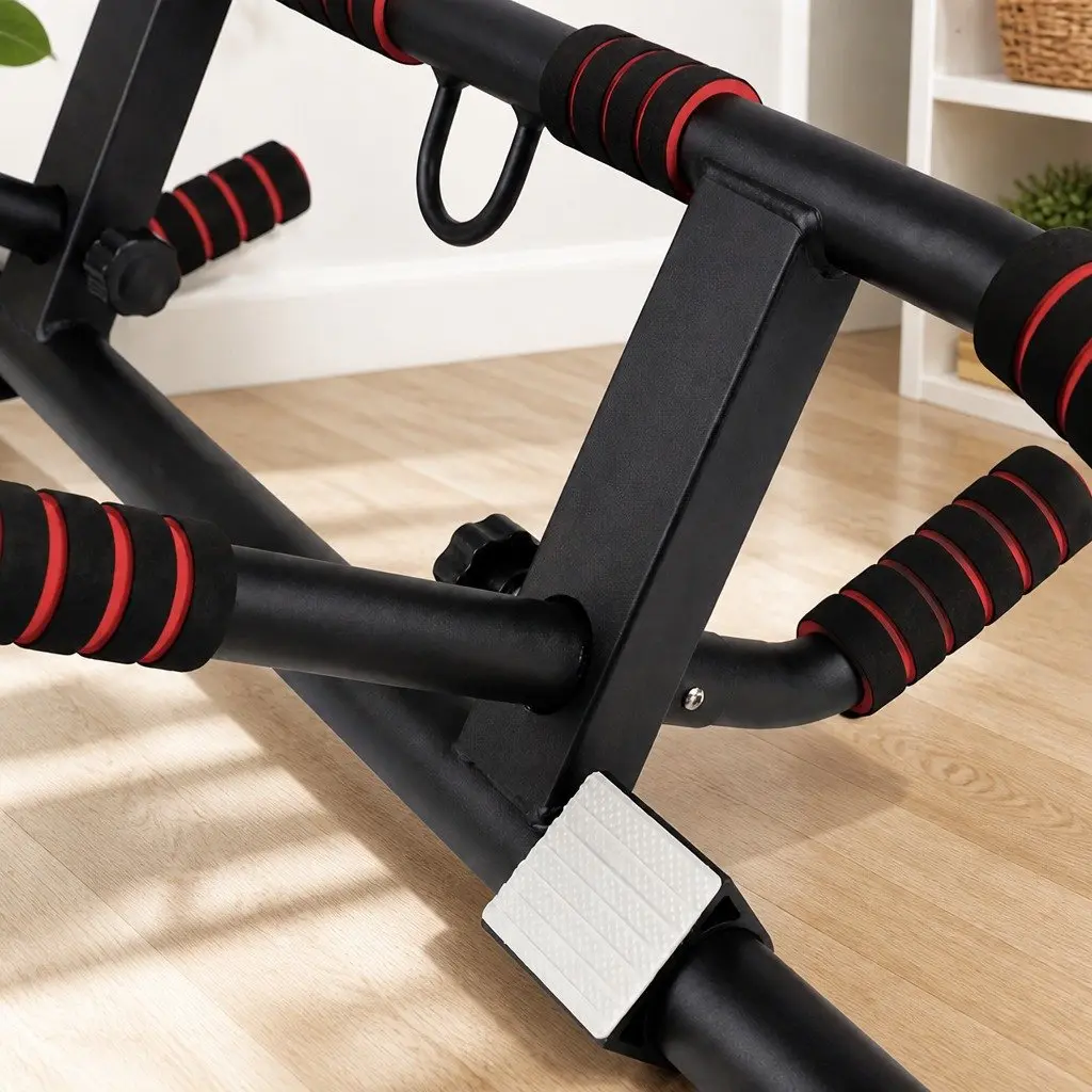 Pull Up Bar Black and Red Doorway Multi Grip Ergonomic Soft Foam Grips Portable Home Gym Fitness
