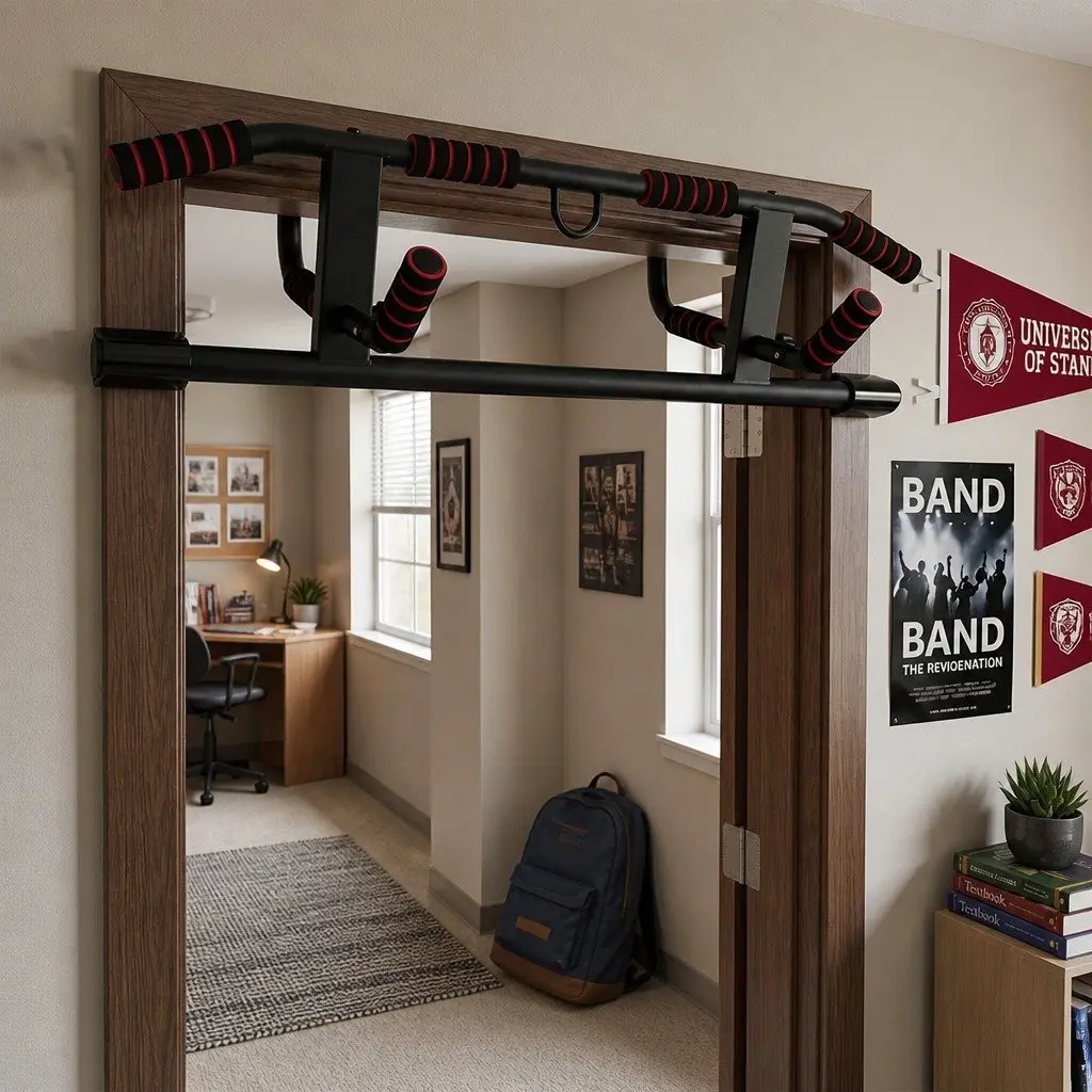 Pull Up Bar Black and Red Doorway Multi Grip Ergonomic Soft Foam Grips Portable Home Gym Fitness