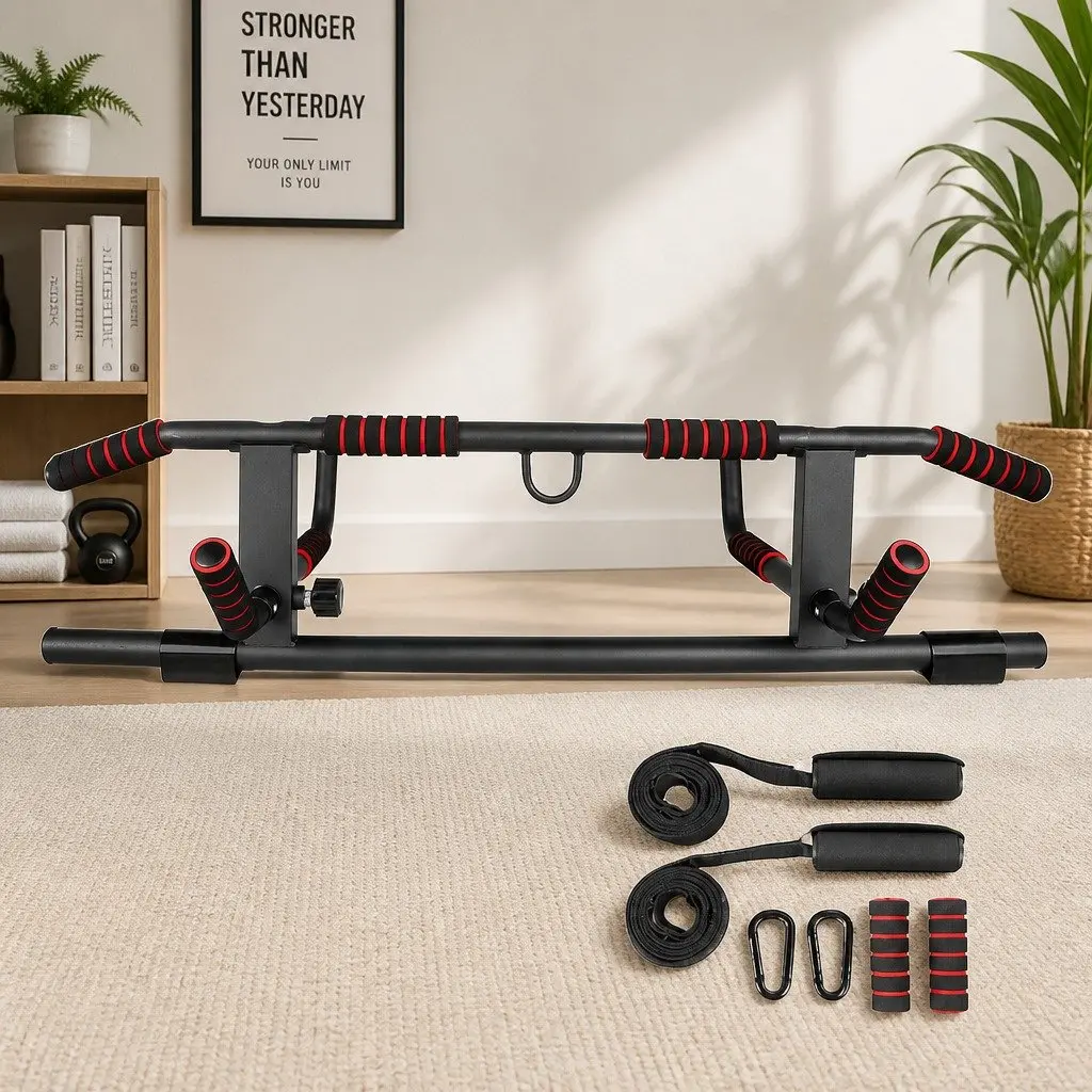 Pull Up Bar Black and Red Doorway Multi Grip Ergonomic Soft Foam Grips Portable Home Gym Fitness