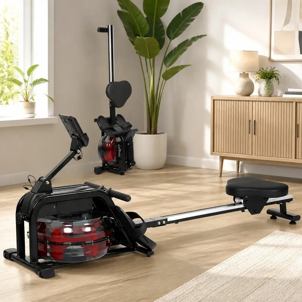 Water Rowing Machine Black 11L Adjustable Resistance LED Display Bluetooth Connectivity