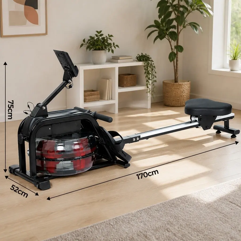 Water Rowing Machine Black 11L Adjustable Resistance LED Display Bluetooth Connectivity
