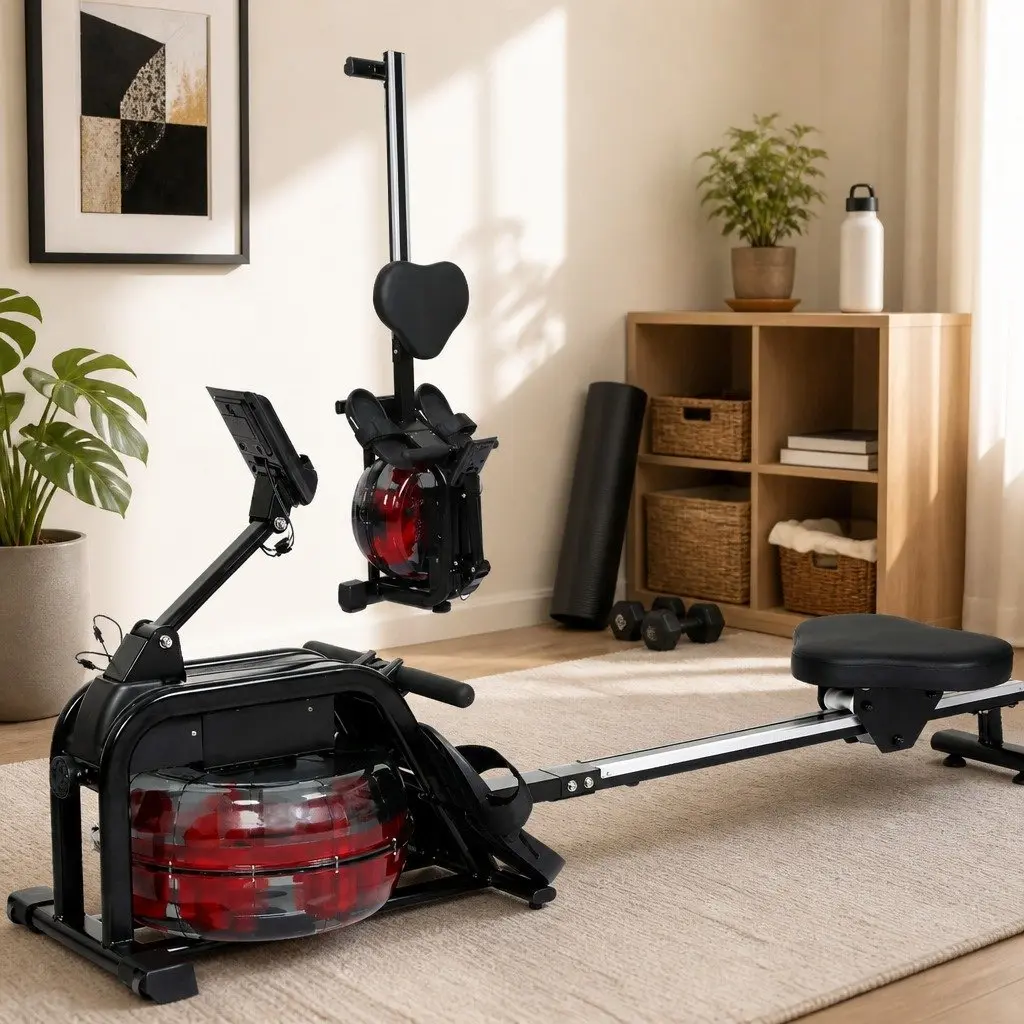 Water Rowing Machine Black 11L Adjustable Resistance LED Display Bluetooth Connectivity
