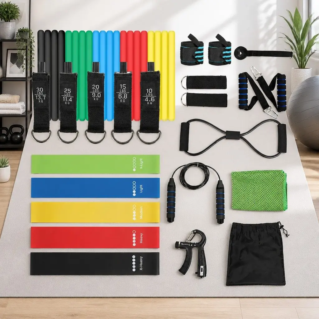 Resistance Bands Set Multi-Colour Home Workout Kit with Jump Rope Handles Door Anchor