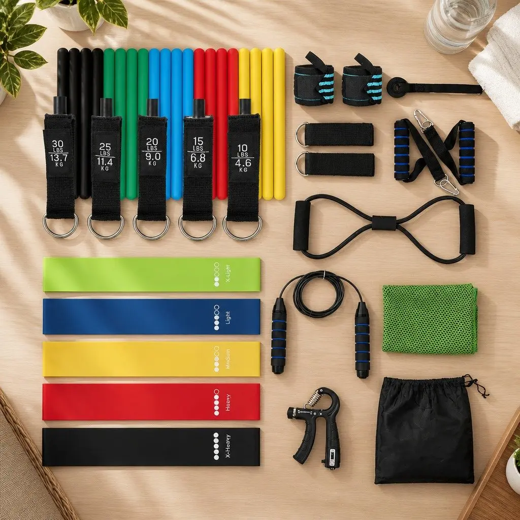 Resistance Bands Set Multi-Colour Home Workout Kit with Jump Rope Handles Door Anchor