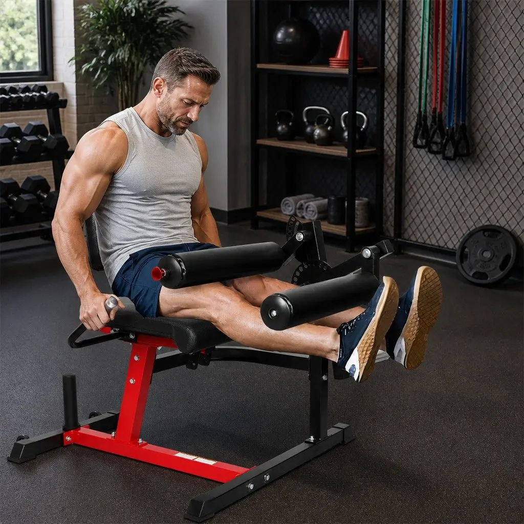 Leg Extension Curl Machine Black Red Adjustable Thigh Pads Home Gym Equipment