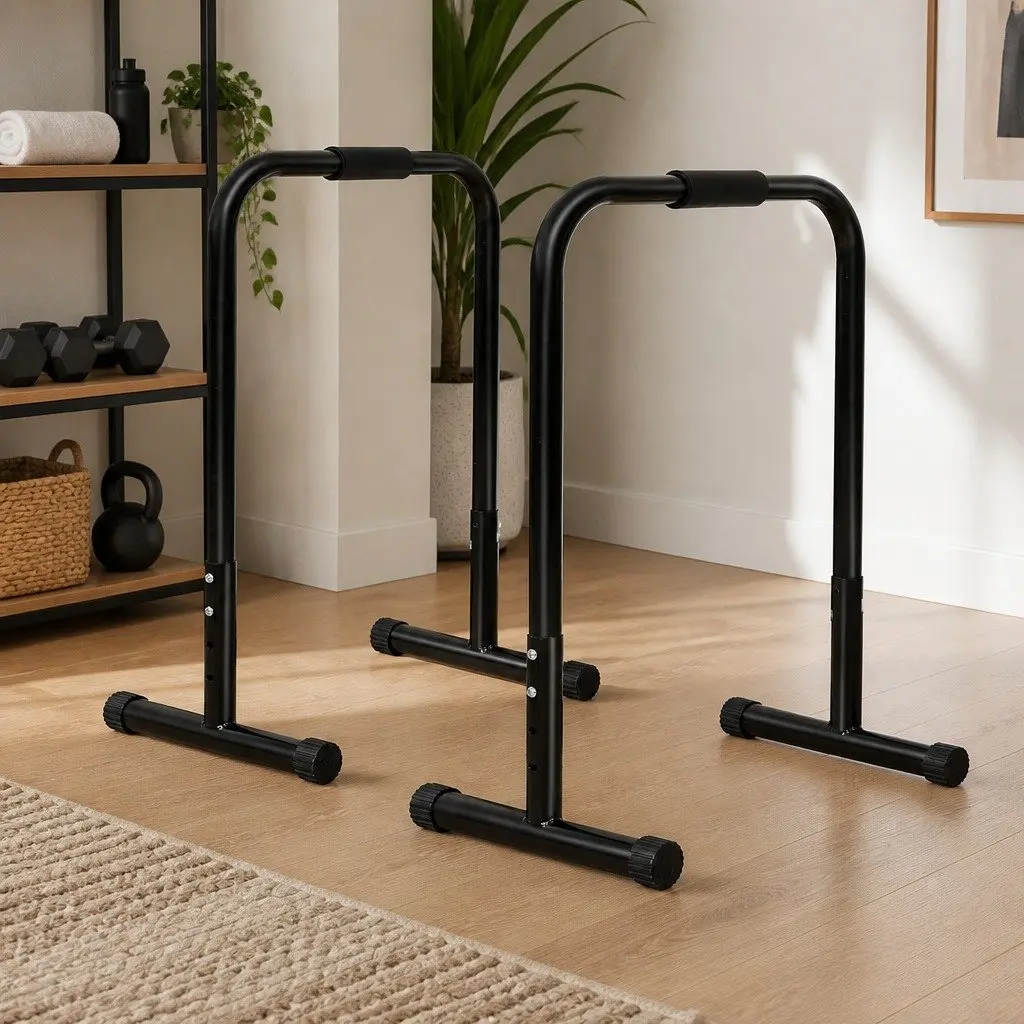 Adjustable Parallel Dip Bar Station Black 74cm to 89cm Height Durable Steel Frame Non-Slip Feet