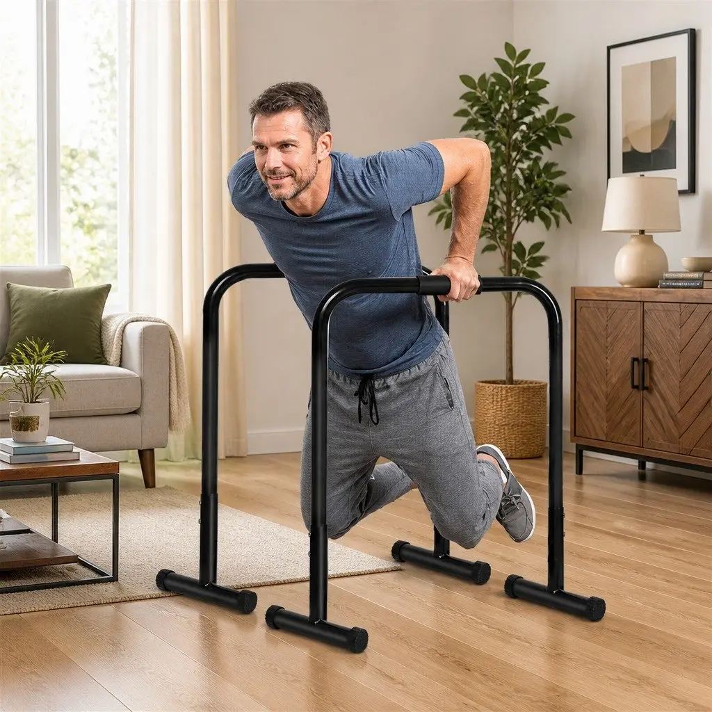 Adjustable Parallel Dip Bar Station Black 74cm to 89cm Height Durable Steel Frame Non-Slip Feet