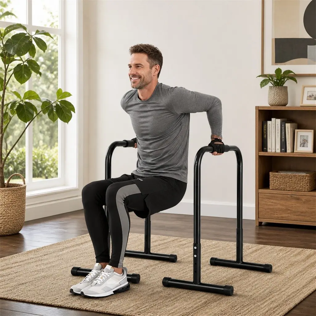 Adjustable Parallel Dip Bar Station Black 74cm to 89cm Height Durable Steel Frame Non-Slip Feet