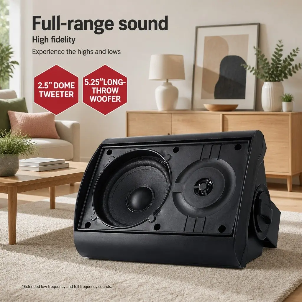 2-Way Wall Speaker Black 5.25 Inch Woofer 2.5 Inch Tweeter Indoor Outdoor Audio