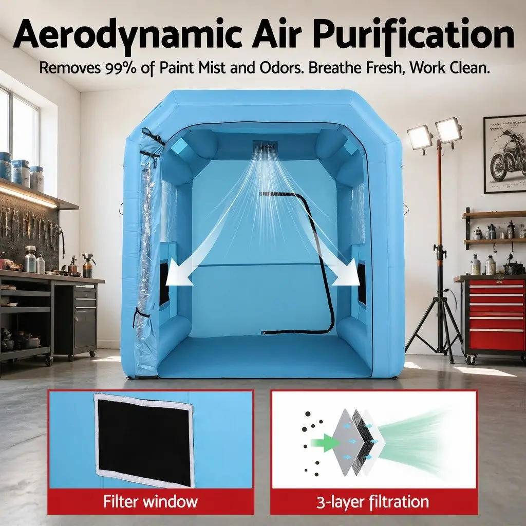 Inflatable Paint Booth Blue 2.5x2.5x3M 3-Layer Filtration System with 550W Blower