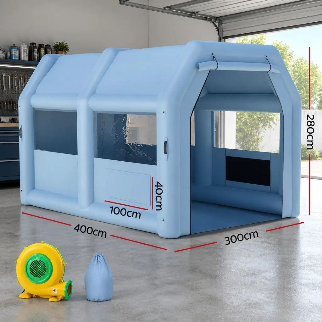 Inflatable Spray Paint Booth Blue 4x3m 3 Layer Filtration System with 750W Blower