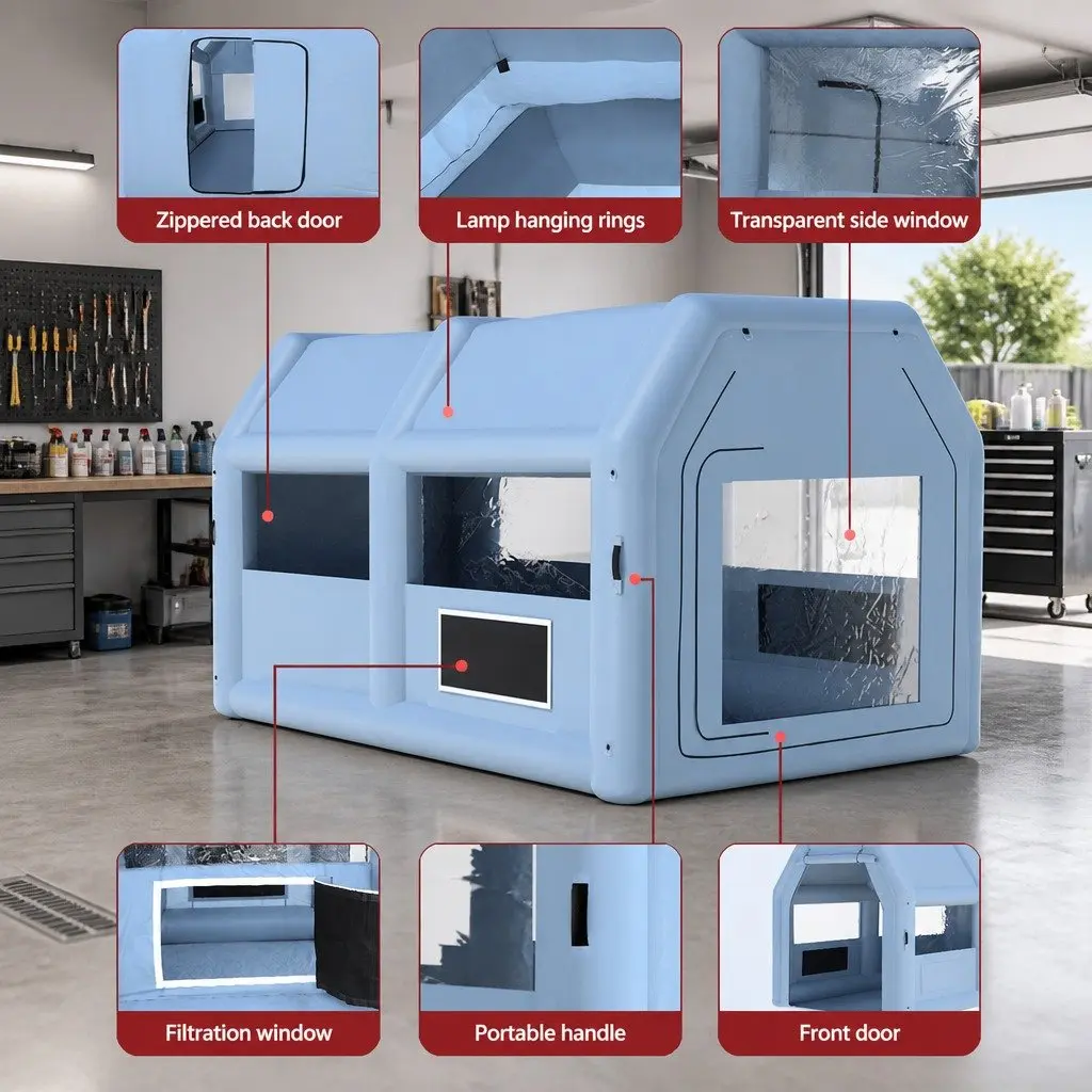 Inflatable Spray Paint Booth Blue 4x3m 3 Layer Filtration System with 750W Blower