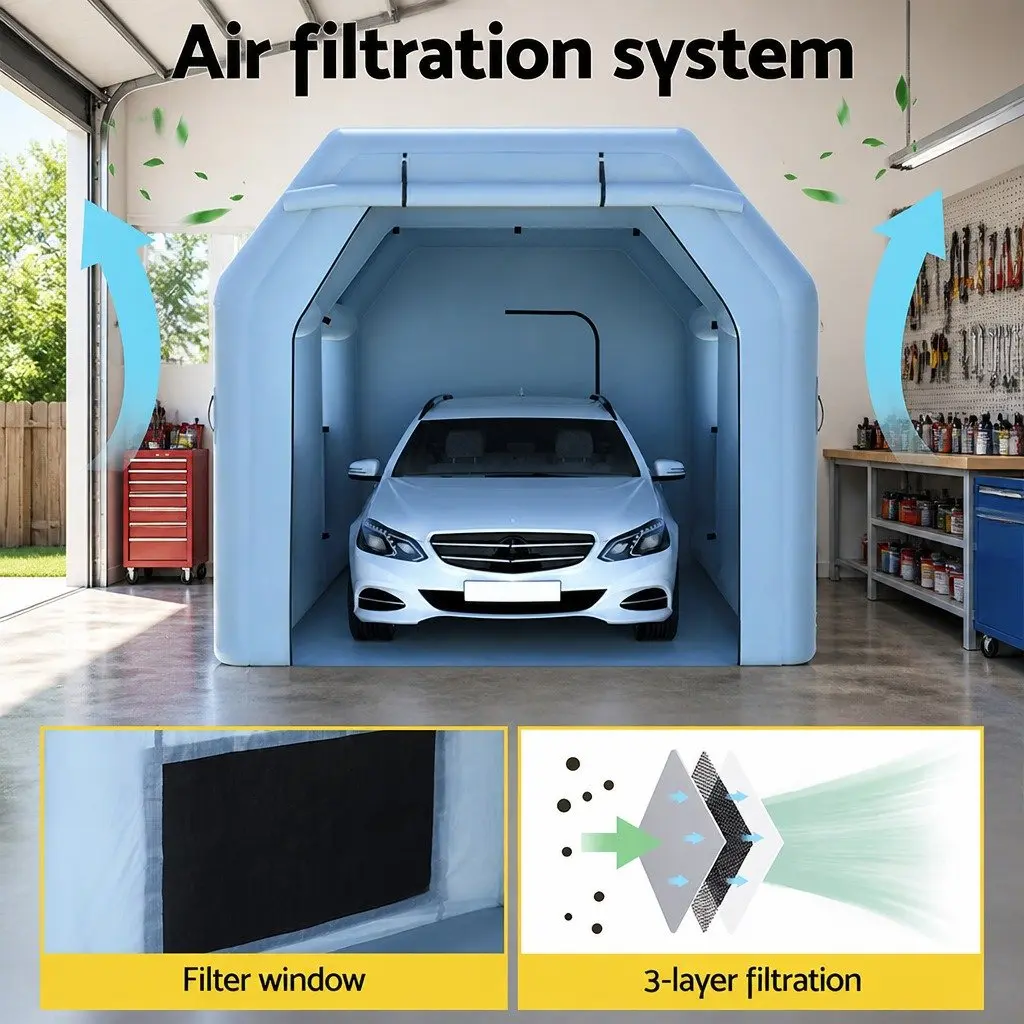 Inflatable Spray Paint Booth Blue 4x3m 3 Layer Filtration System with 750W Blower