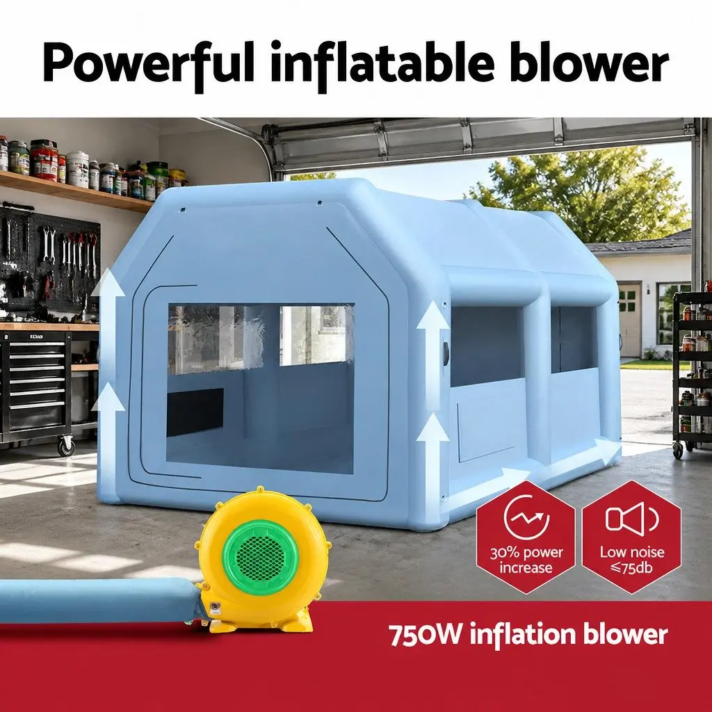 Inflatable Spray Paint Booth Blue 4x3m 3 Layer Filtration System with 750W Blower