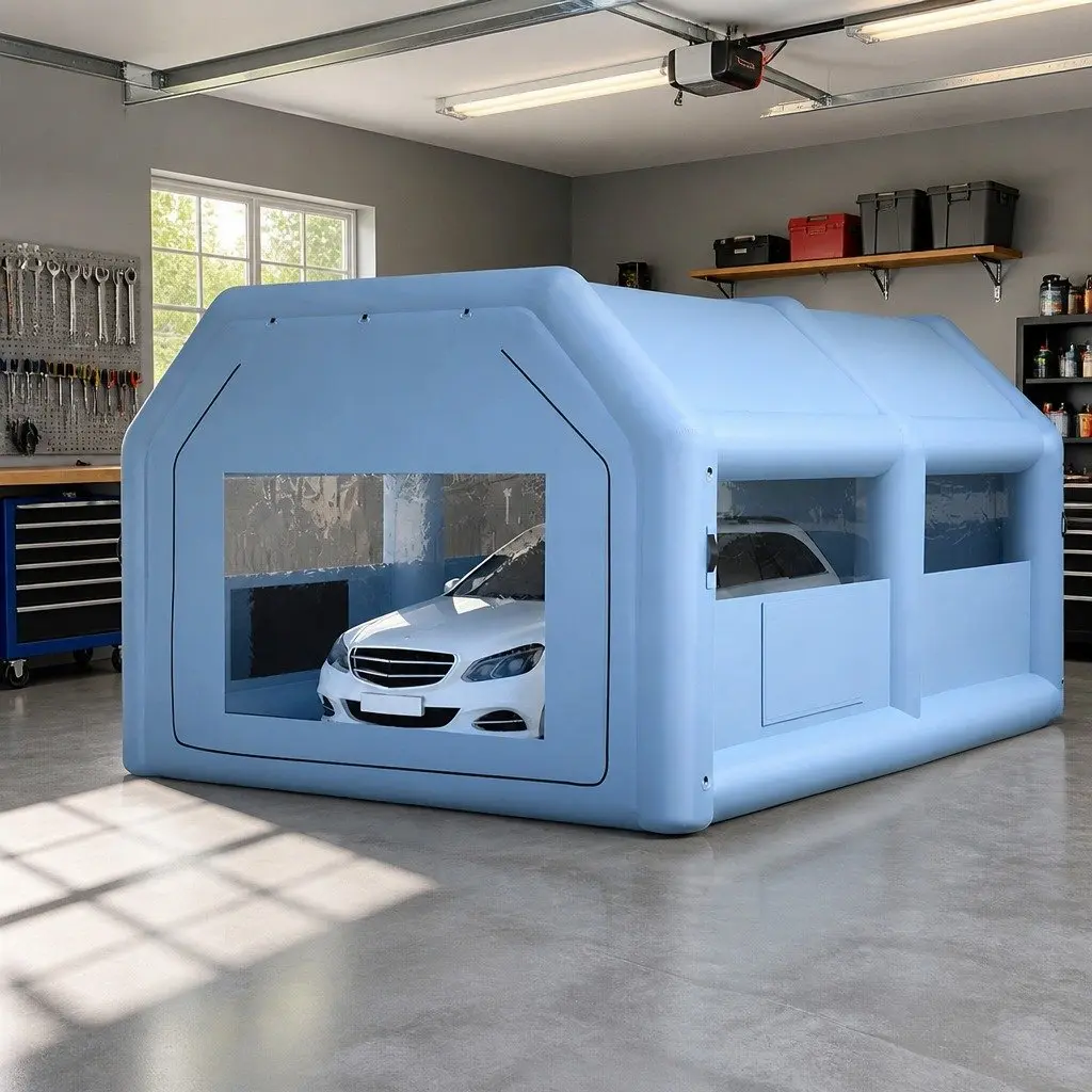 Inflatable Spray Paint Booth Blue 6x4m 3-Layer Filtration System with 1100W Blower