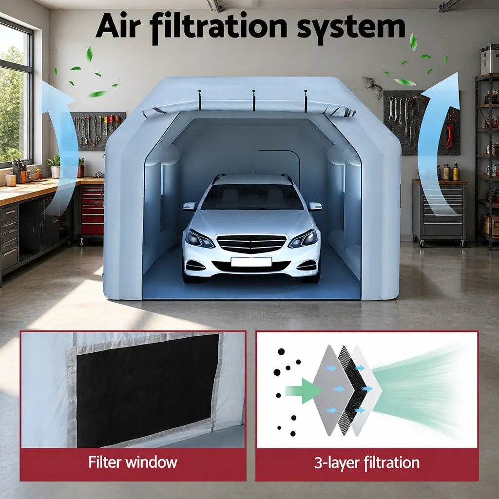 Inflatable Spray Paint Booth Blue 6x4m 3-Layer Filtration System with 1100W Blower