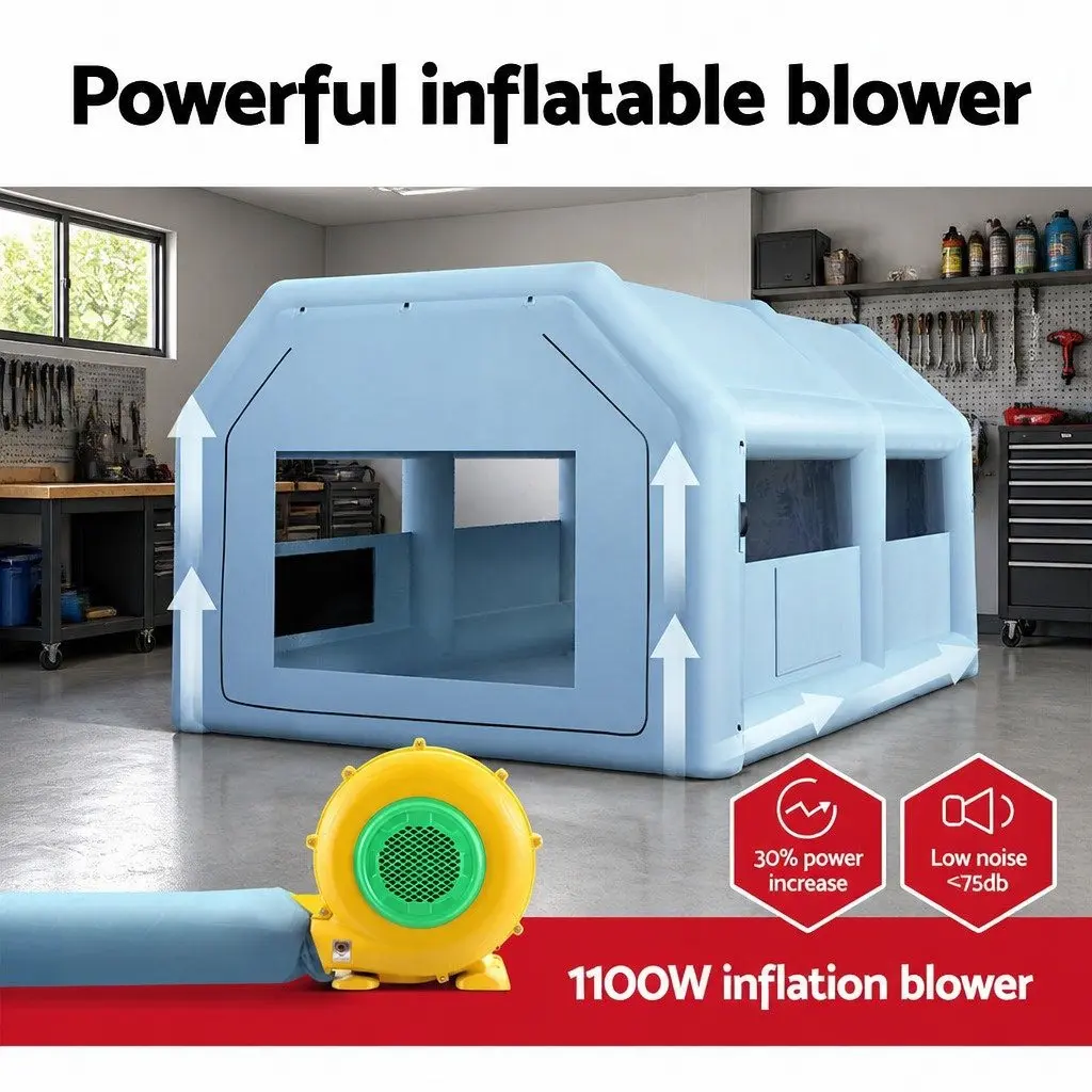 Inflatable Spray Paint Booth Blue 6x4m 3-Layer Filtration System with 1100W Blower