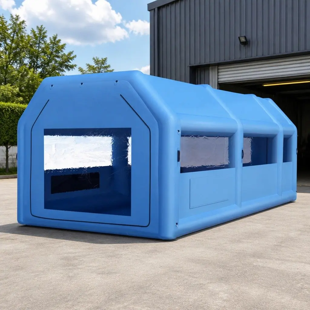 Inflatable Spray Booth Navy Blue 8.5x4.8m Dual Blower System with 3 Layer Filtration for Automotive Painting