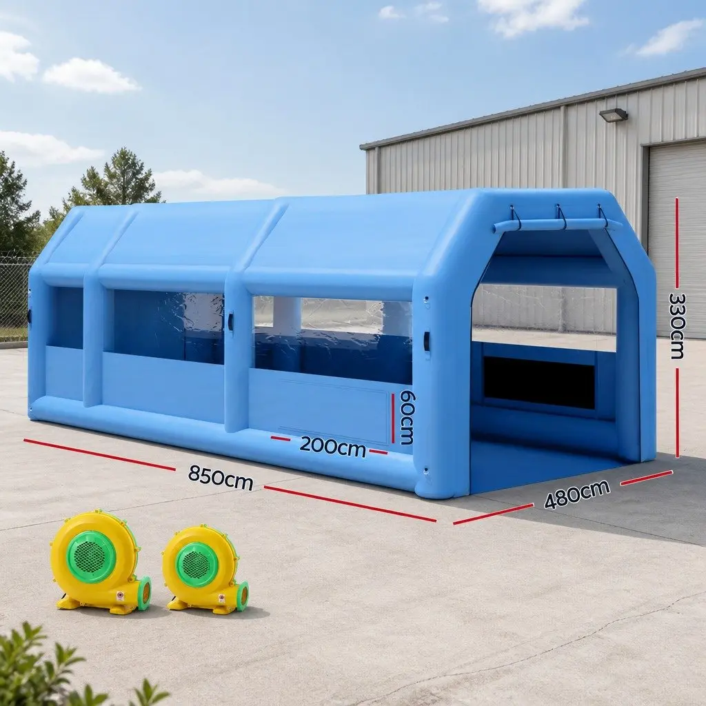 Inflatable Spray Booth Navy Blue 8.5x4.8m Dual Blower System with 3 Layer Filtration for Automotive Painting