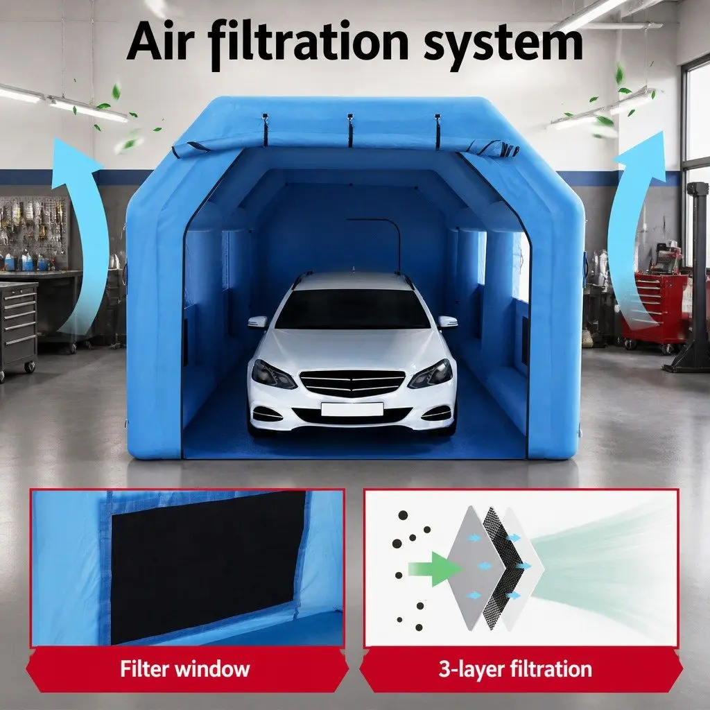 Inflatable Spray Booth Navy Blue 8.5x4.8m Dual Blower System with 3 Layer Filtration for Automotive Painting