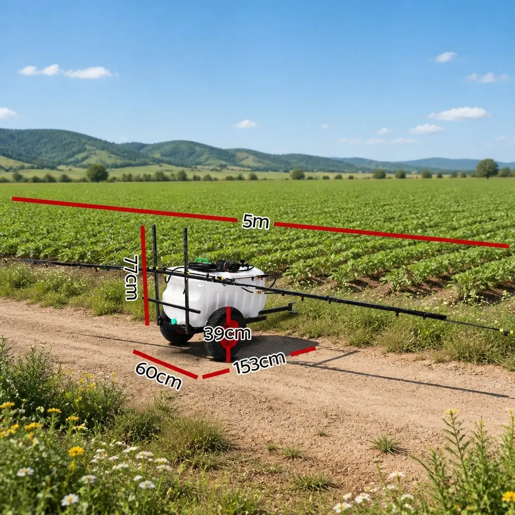 100L Weed Sprayer Trailer White 5m Boom Self-Priming Pump Adjustable Height Poles