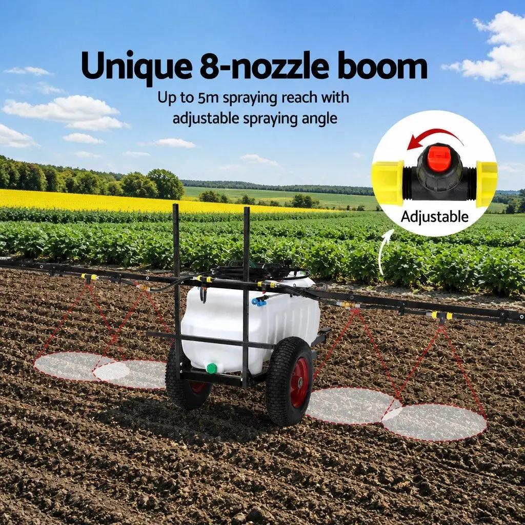 100L Weed Sprayer Trailer White 5m Boom Self-Priming Pump Adjustable Height Poles